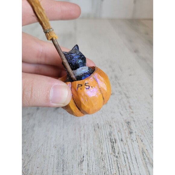 PS cat rustic miniature pumpkin broom Halloween figure decor vintage - Picture 7 of 7